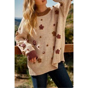 And The Why Tan Embroidered Floral Sweater Size S/M 41954